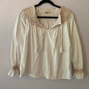 Faherty White Cotton Peasant Embroidered Tunic Blouse Women's size Small